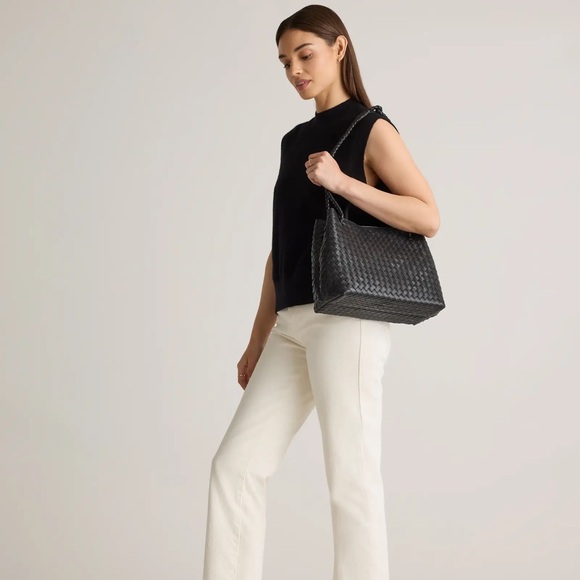 Quince Italian Leather Handwoven Satchel Black Large NIB - Picture 5 of 9